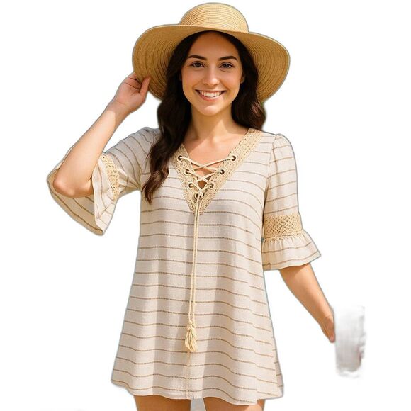 NEW POL Small Mini Cotton Dress or Cover-Up Open Embroidery Cream Tan Stripe - Picture 1 of 16